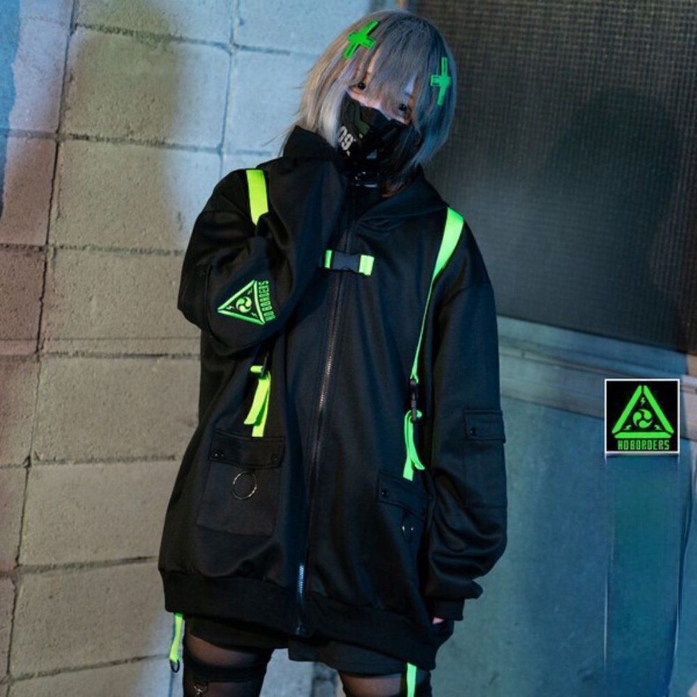 Cyberpunk Cat ears black & toxic green punk emo zip up Sleeved hoodie - unisex